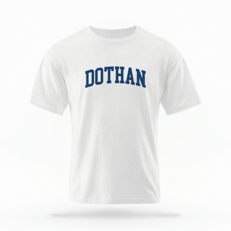 The White Unisex Dothan, AL Varsity T-shirt is set against a Ghost - White Studio background.  The Dothan, AL Varsity graphic is in a Varsity style. 