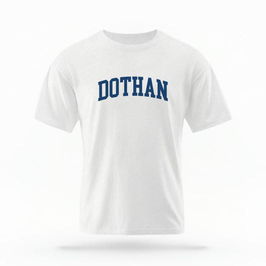 The White Unisex Dothan, AL Varsity T-shirt is set against a Ghost - White Studio background.  The Dothan, AL Varsity graphic is in a Varsity style. 