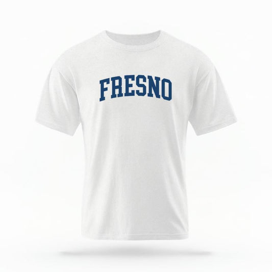 The White Unisex Fresno CA Varsity T-shirt is set against a Ghost - White Studio background.  The Fresno CA Varsity graphic is in a Varsity style. 