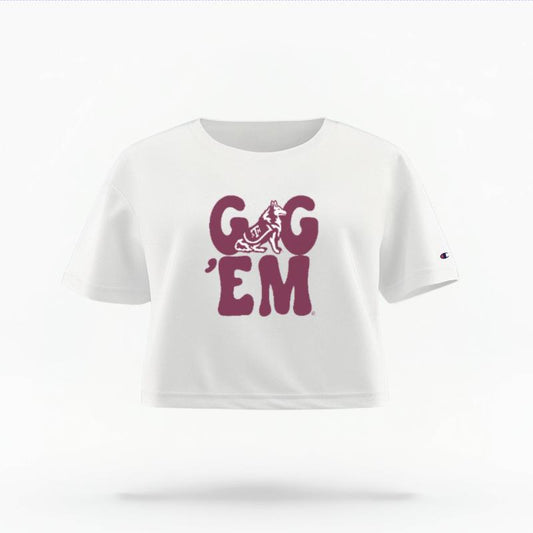 The White Female Gig 'Em Retro Reveille Women's Boxy Crop Top is set against a Ghost - White Studio background.  The Gig 'Em Retro Reveille graphic is in a Sports Graphics style. 