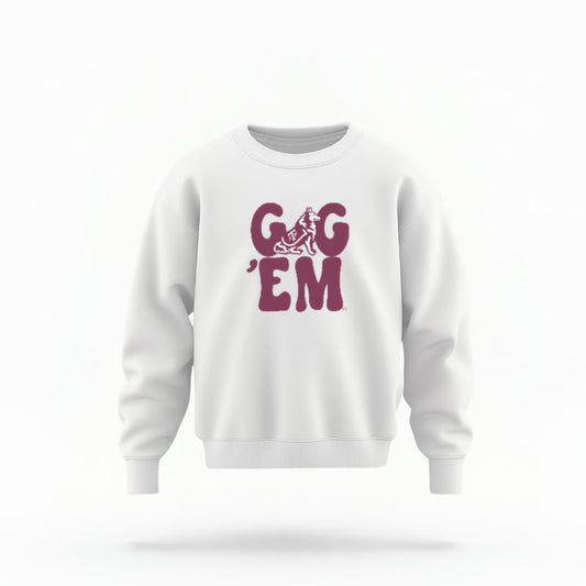 The White Unisex Gig 'Em Retro Reveille Youth Crewneck Sweatshirt is set against a Ghost - White Studio background.  The Gig 'Em Retro Reveille graphic is in a Sports Graphics style. 