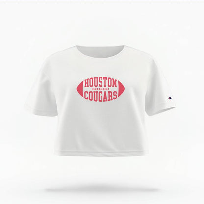 The White Female Houston Cougars Football Women's Boxy Crop Top is set against a Ghost - White Studio background.  The Houston Cougars Football graphic is in a Varsity style. 