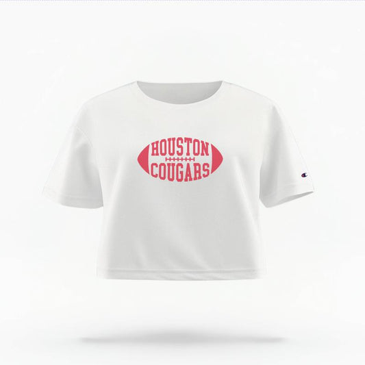 The White Female Houston Cougars Football Women's Boxy Crop Top is set against a Ghost - White Studio background.  The Houston Cougars Football graphic is in a Varsity style. 
