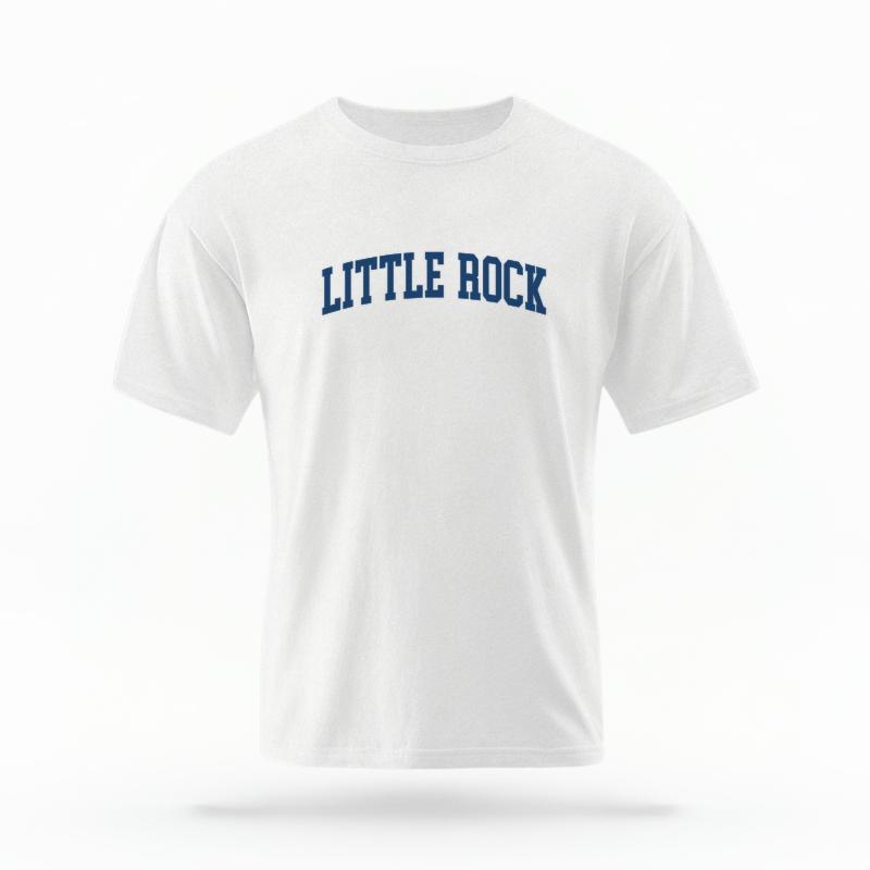 The White Unisex Little Rock AR Varsity T-shirt is set against a Ghost - White Studio background.  The Little Rock AR Varsity graphic is in a Varsity style. 