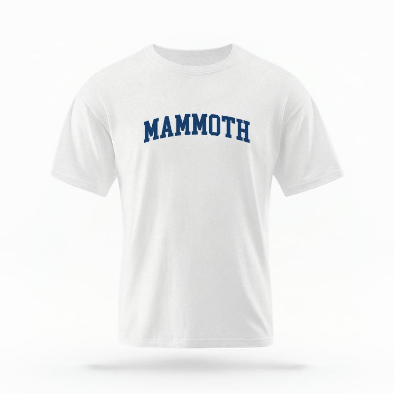 The White Unisex Mammoth CA Varsity T-shirt is set against a Ghost - White Studio background.  The Mammoth CA Varsity graphic is in a Varsity style. 