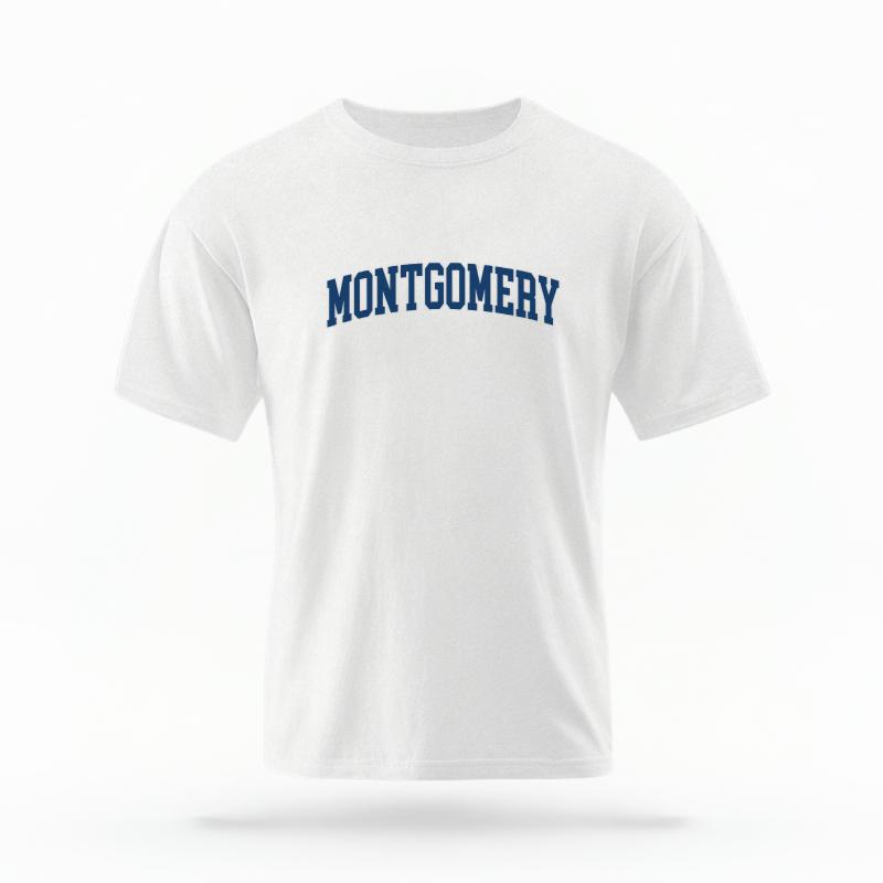 The White Unisex Montgomery, AL Varsity T-shirt is set against a Ghost - White Studio background.  The Montgomery, AL Varsity graphic is in a Varsity style. 