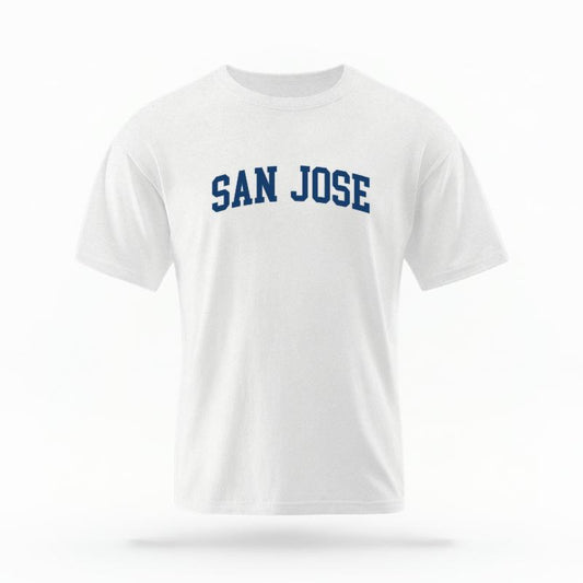 The White Unisex San Jose CA Varsity T-shirt is set against a Ghost - White Studio background.  The San Jose CA Varsity graphic is in a Varsity style. 