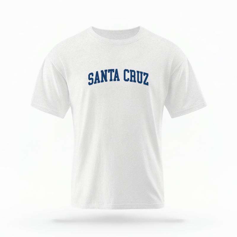 The White Unisex Santa Cruz CA Varsity T-shirt is set against a Ghost - White Studio background.  The Santa Cruz CA Varsity graphic is in a Varsity style. 