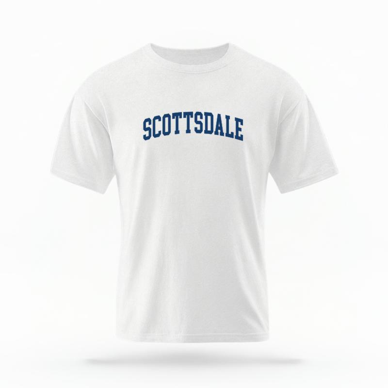 The White Unisex Scottsdale AZ Varsity T-shirt is set against a Ghost - White Studio background.  The Scottsdale AZ Varsity graphic is in a Varsity style. 
