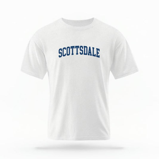The White Unisex Scottsdale AZ Varsity T-shirt is set against a Ghost - White Studio background.  The Scottsdale AZ Varsity graphic is in a Varsity style. 