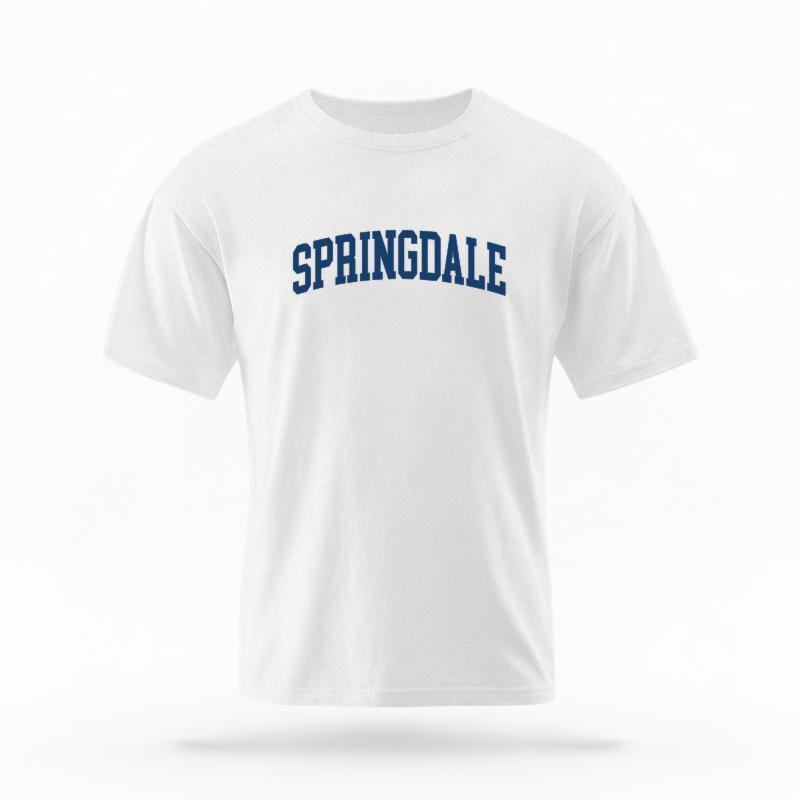 The White Unisex Springdale AR Varsity T-shirt is set against a Ghost - White Studio background.  The Springdale AR Varsity graphic is in a Varsity style. 