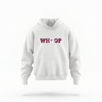 The White Unisex Whoop Football Youth Hoodie is set against a Ghost - White Studio background.  The Whoop Football graphic is in a Retro style. 