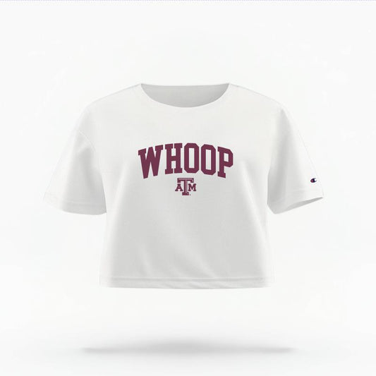 The White Female Whoop Varsity Women's Boxy Crop Top is set against a Ghost - White Studio background.  The Whoop Varsity graphic is in a Sports Graphics style. 