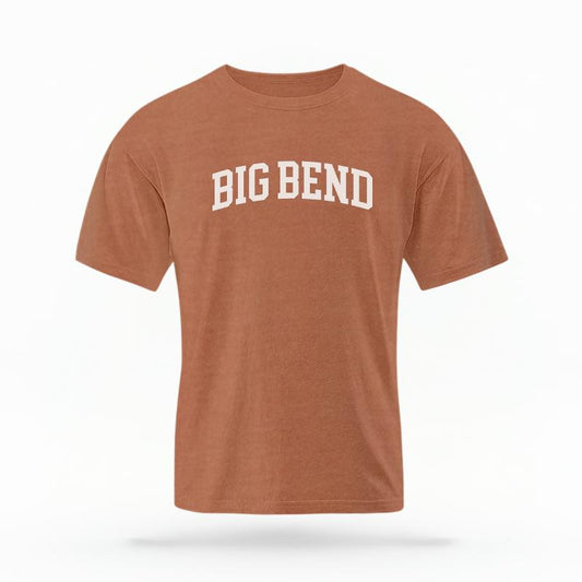 The Yam Unisex Big Bend Varsity T-shirt is set against a Ghost - White Studio background.  The Big Bend Varsity graphic is in a Varsity style. 